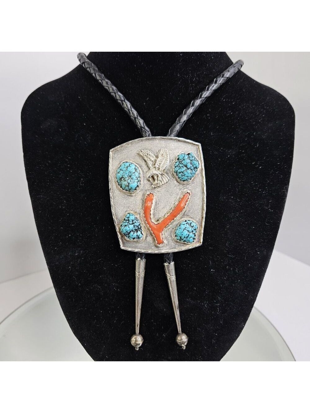 Navajo Sterling Silver Turquoise Coral BOLO Tie With Eagle Unique Etched Design